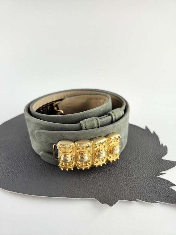Vintage Gray Green Suede Gold Buckle Carlisle Belt  display picture 3