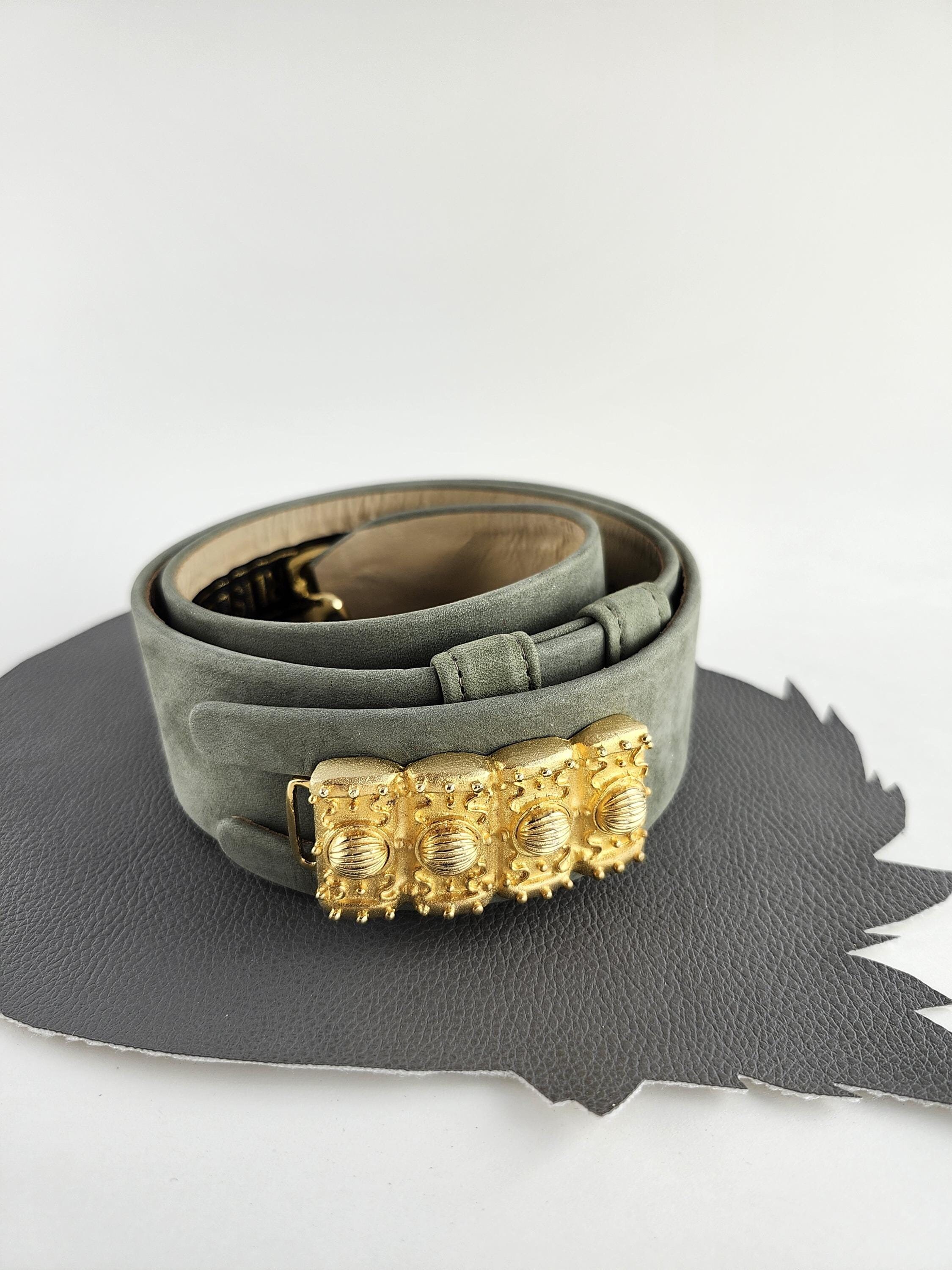 Carlisle green gray lather belt, small, gold hardware 32.5\