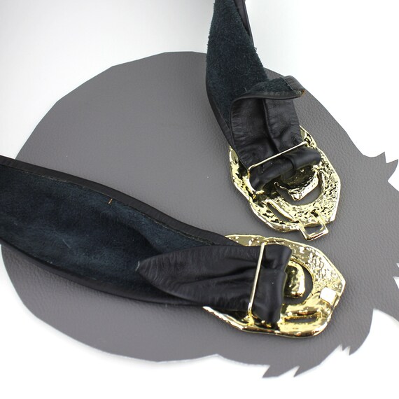 Vintage Black Leather Belt With Gold Buckle / Adjustable