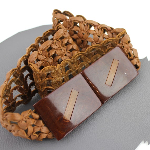 Brown Faux Leather Woven Belt with Glossy Wood Bu… - image 1