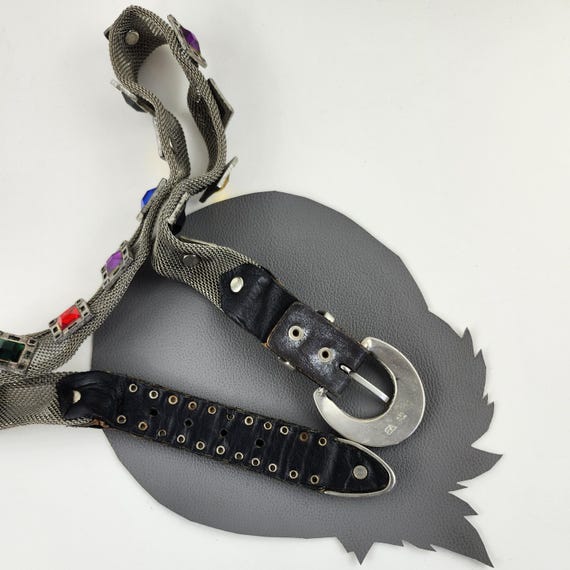 Rainbow Jeweled Silver Metal Mesh & Black Leather Studded  display picture 3