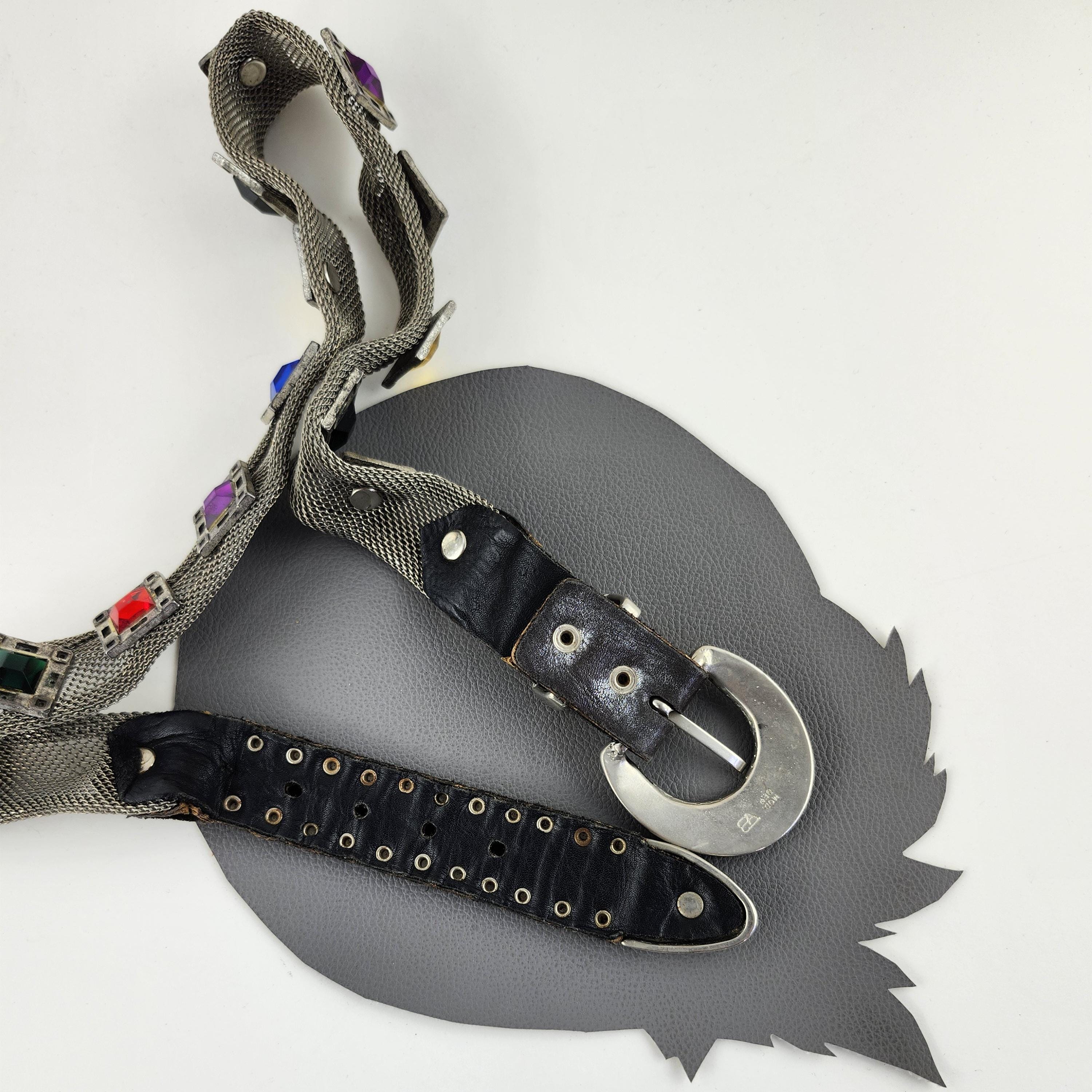 VINTAGE Boho Rocker CHIC Black Silver Studded Gem Layering Belt S/M Rainbow Gems & Silver Metal Studded Vintage Black Leather  main image 2