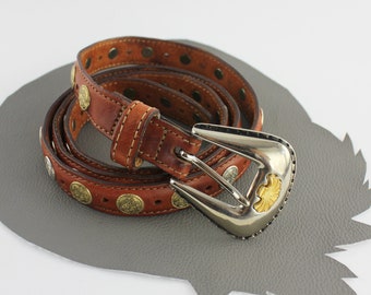 Brown Leather Gold and Silver Studded Narrow Vintage Western Belt US fits up to size 40