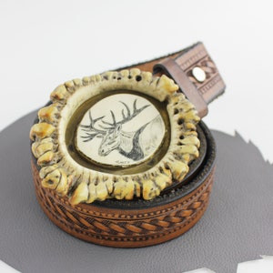 Drawing of Elk Buckle on Brown Leather Tooled Belt  US size 42 / signed T Laney