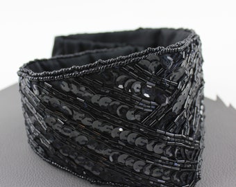 Black Sequin Beaded Wide Statement Elastic Belt / Magid 100% Silk Cummerbund size Large / XL