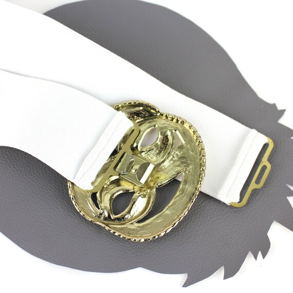 White Vintage Elastic Belt With Brass Scroll Buckle - Etsy display picture 2