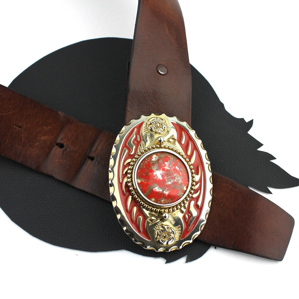 Orange & Gold Western Buckle on Tobacco Brown Leather Belt Unisex