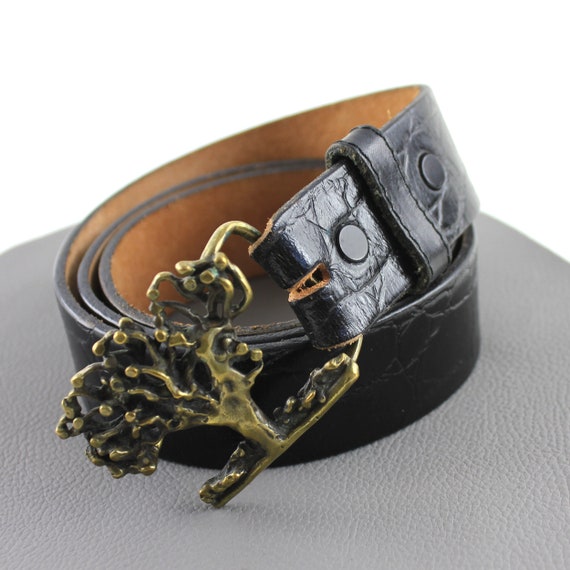 Vintage Brass Tree Buckle on Black Leather Belt si