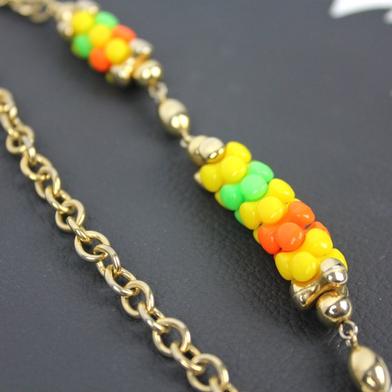 Vintage Neon Orange Lime & Yellow Beaded and Gold… - image 4