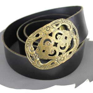 Brass Ornate Scroll Buckle on Black Leather Belt size US 37 38 39 / Art Nouveau Inspired Belt / Brass Scrolly Belt / Brass Boho Floral Belt