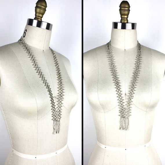 Vintage Chrochet Silver Beaded Long Necklace with… - image 1