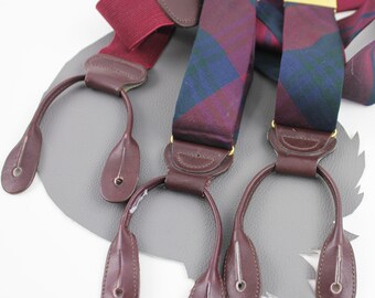 Vintage Navy & Maroon Red Plaid Trafalgar Suspenders with Brown Leather - Button on Style