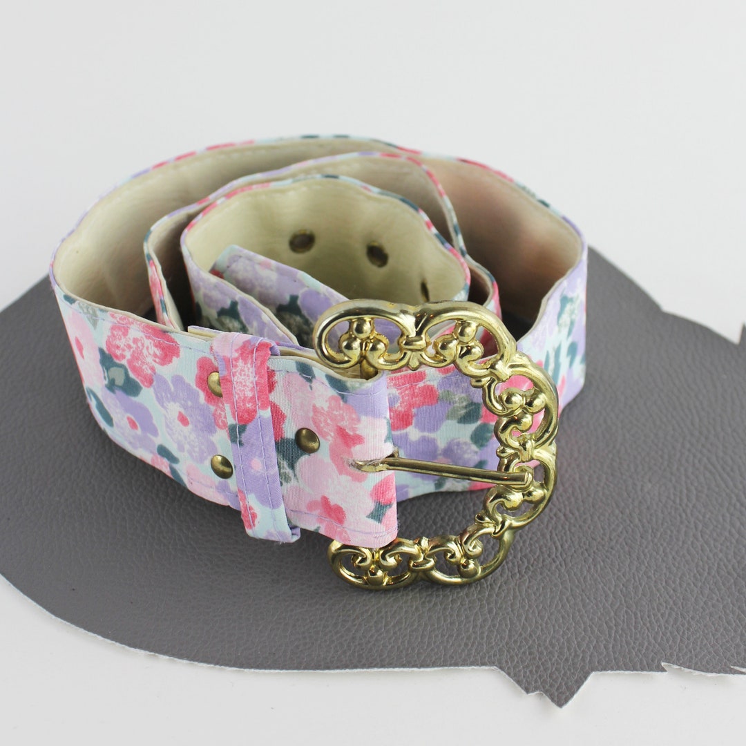 Pink Lavender Blue & White Floral Fabric Belt With Brass  display picture 1