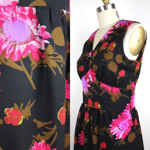 Black Floral Sleeveless Vintage Dress - Black Pin… - image 2