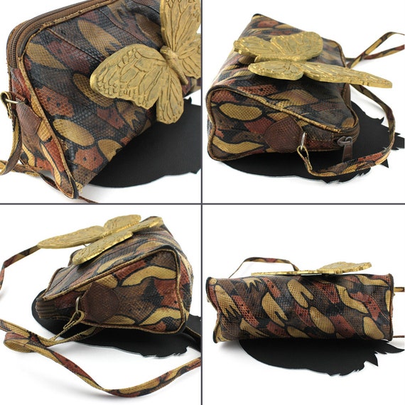 Vintage Brown & Black Snakeskin Leather Handbag w… - image 4
