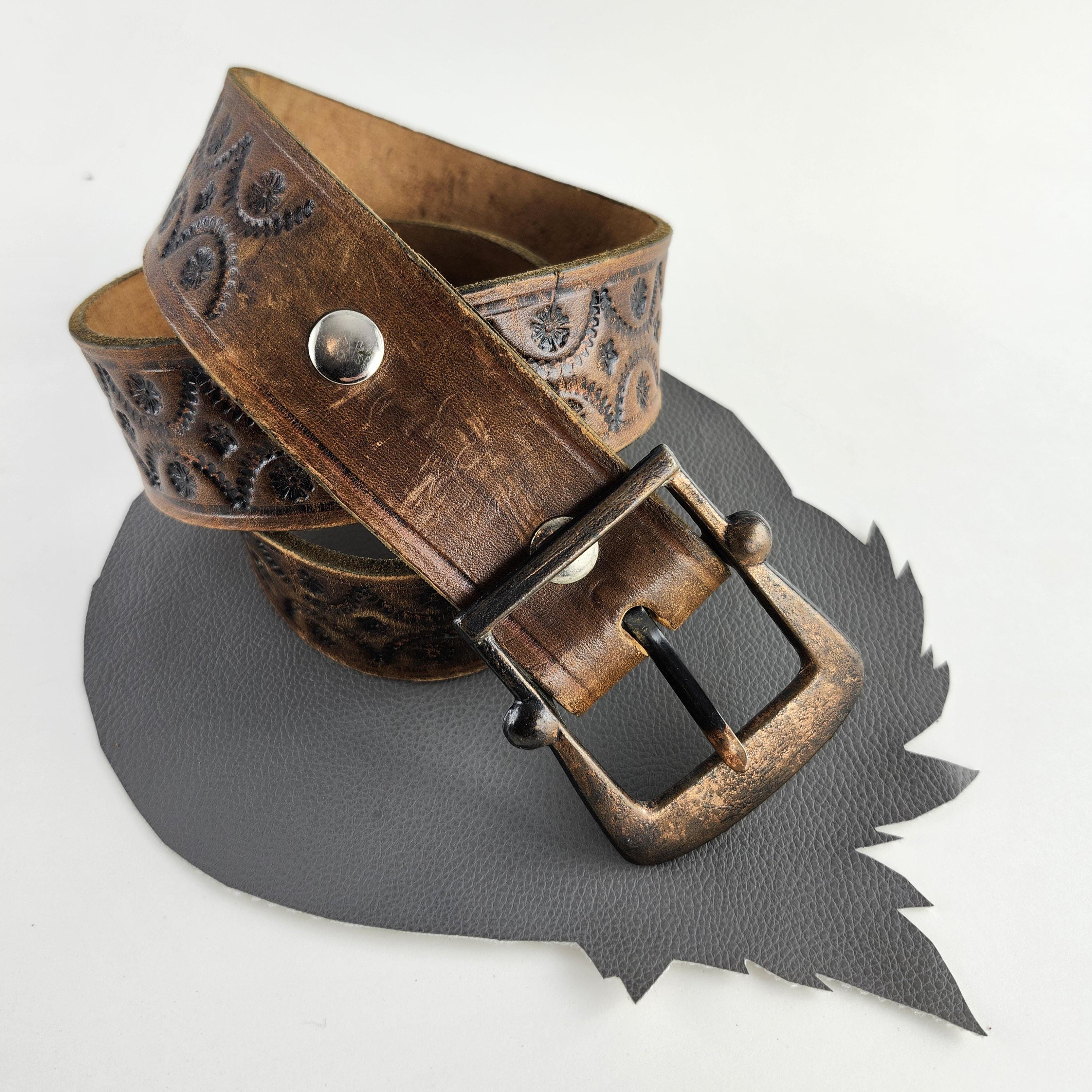 Tobacco Brown Tooled Western Leather Belt With Brass Buckle 