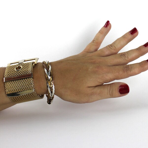 Wide Gold Metal Mesh Belt Bracelet & Braided Gold Copper Silver Flat Chain Bracelet