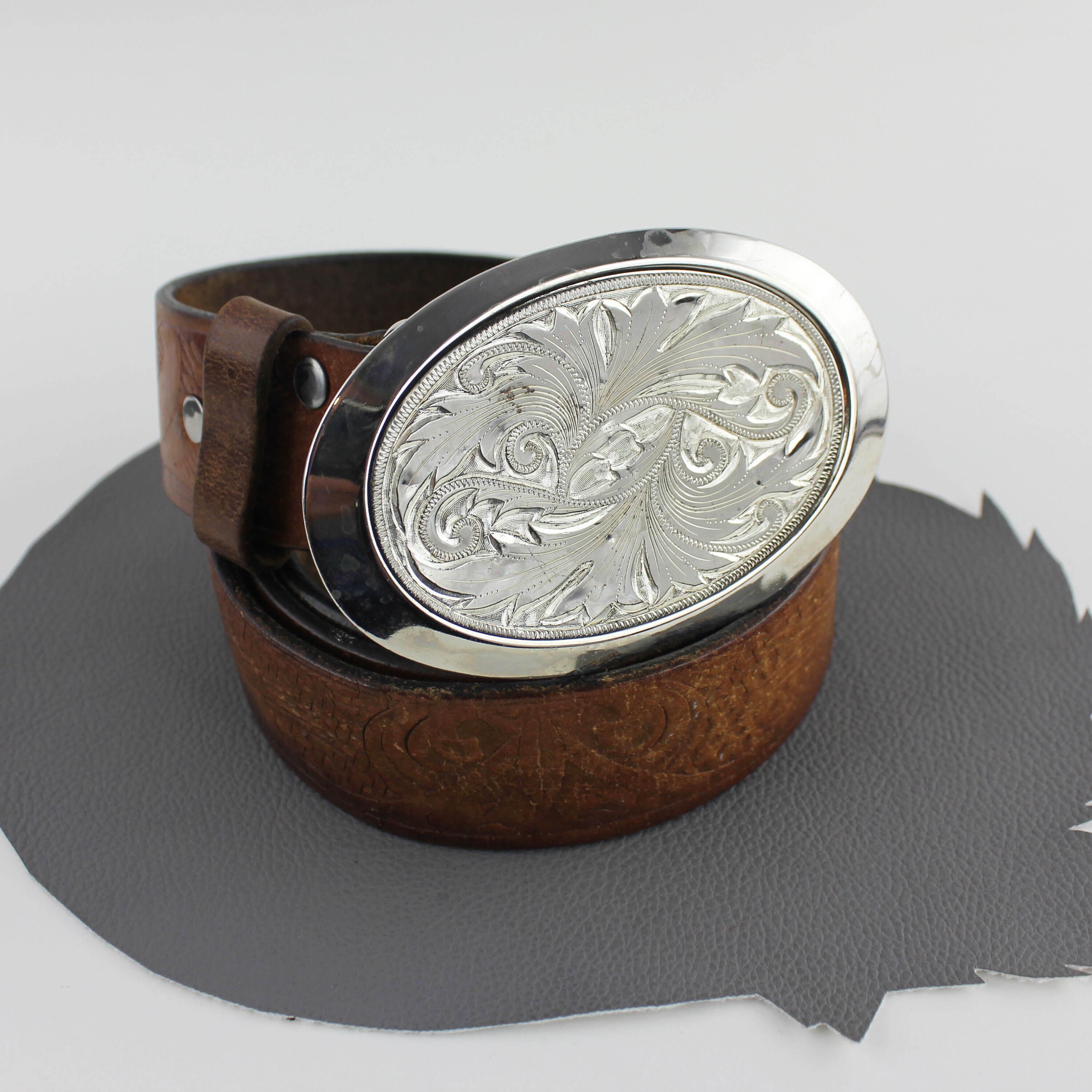 Tooled Leather Belt Brown with Silver Very Distressed Etched Hardware Never Worn Tooled Leather Belt-Brown/Western buckle – DEVIL-DOG Dungarees main image 2