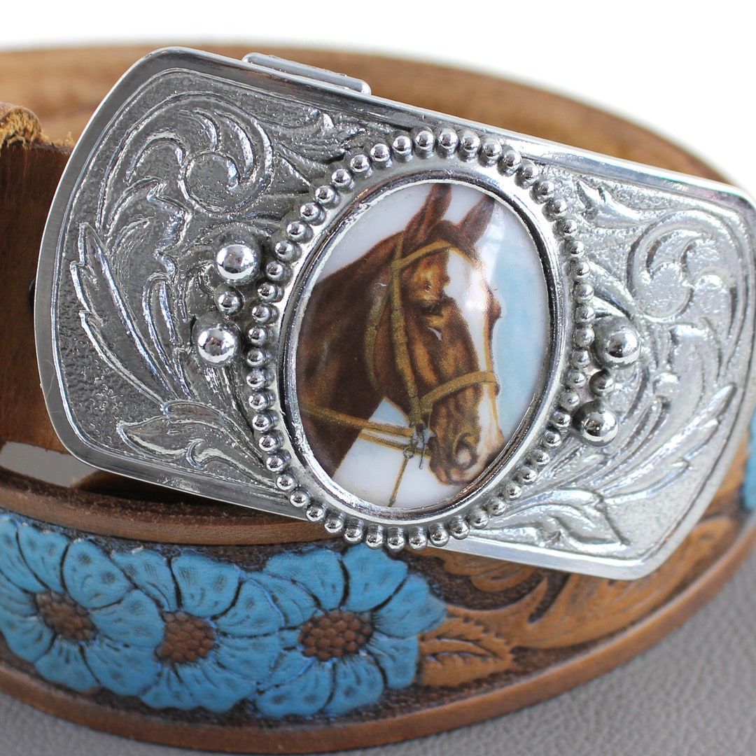Horse Buckle on Brown & Blue Tooled Leather Belt Size 32  display picture 2