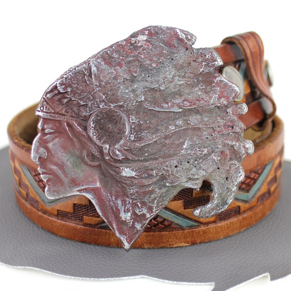 Native American Buckle on Southwestern Tooled Leather Belt Unisex size 40 / Western Blue Rust Red Brown Leather Belt with Pewter Buckle 