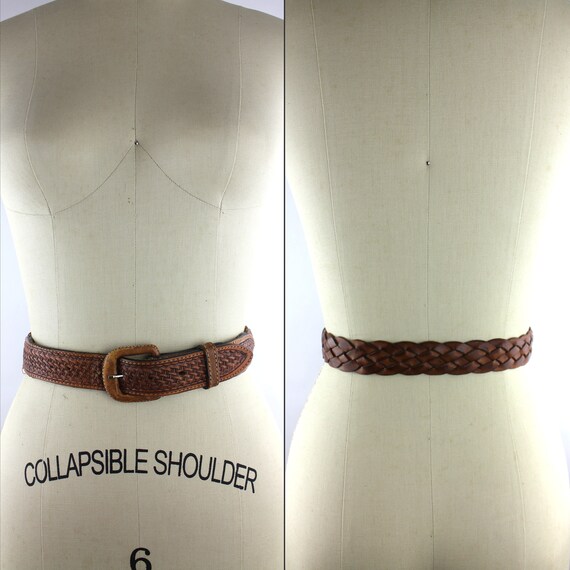 Distressed Brown Leather Woven Belt Unisex size U… - image 6