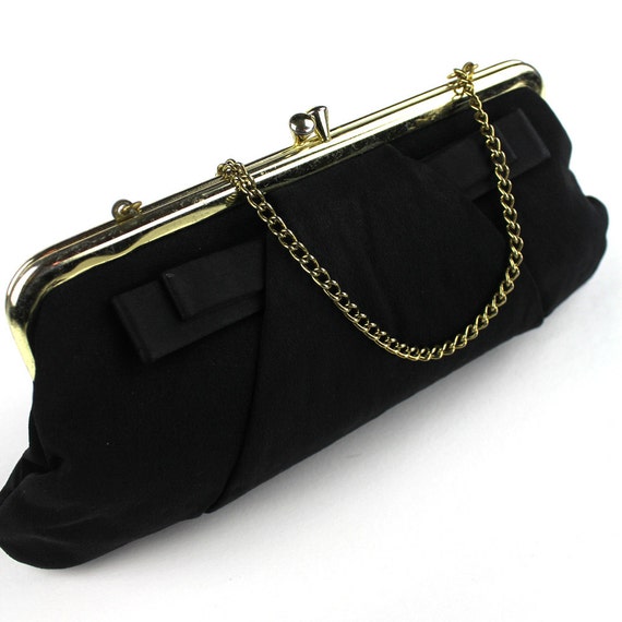 Vintage Black Crepe Purse with Bow & Chain Strap - image 1