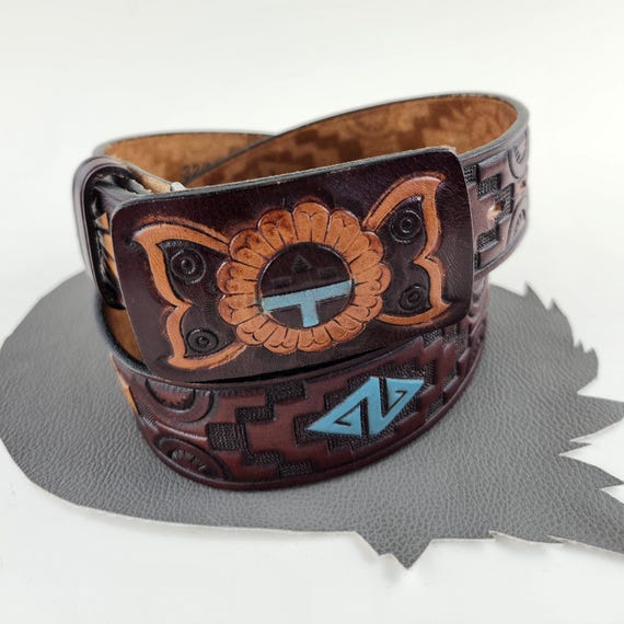 Aztec Tooled & Painted Brown Leather Belt Size 32/ Vintage  display picture 2