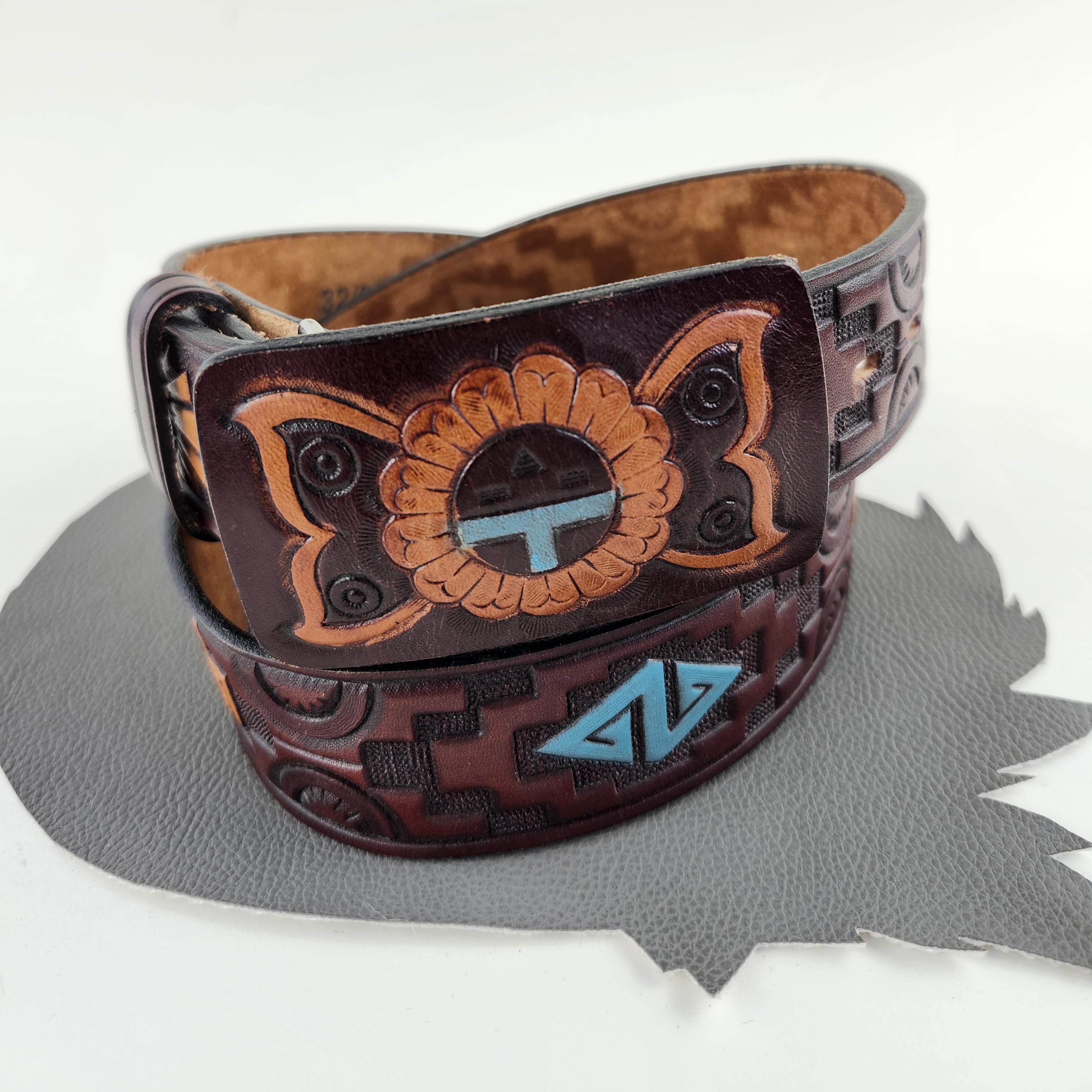 Aztec Tooled & Painted Brown Leather Belt Size 32/ Vintage