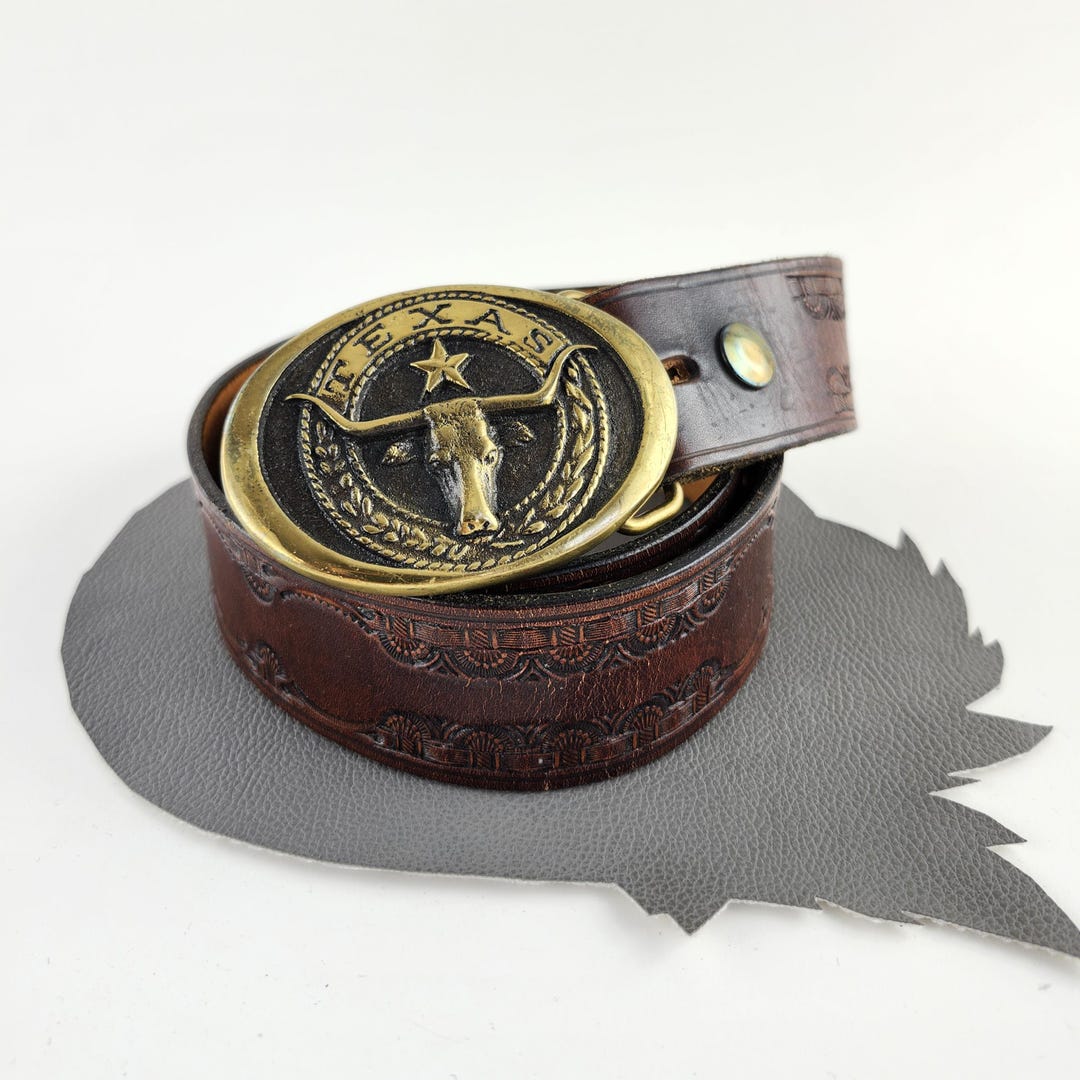 Texas Long Horn Brass Buckle on Brown Leather Tooled Western  display picture 1