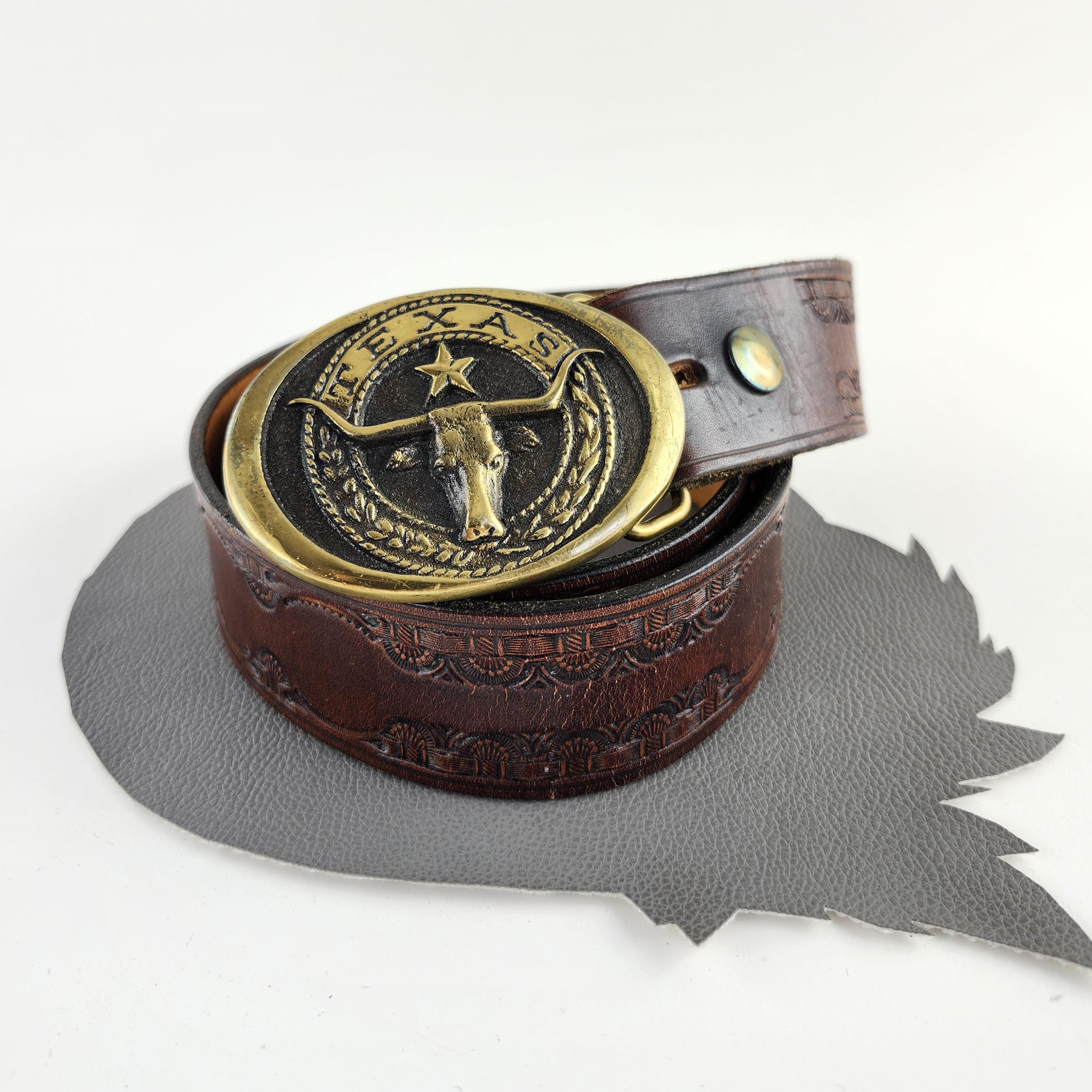 Texas Long Horn Brass Buckle on Brown Leather Tooled Western  display picture 3