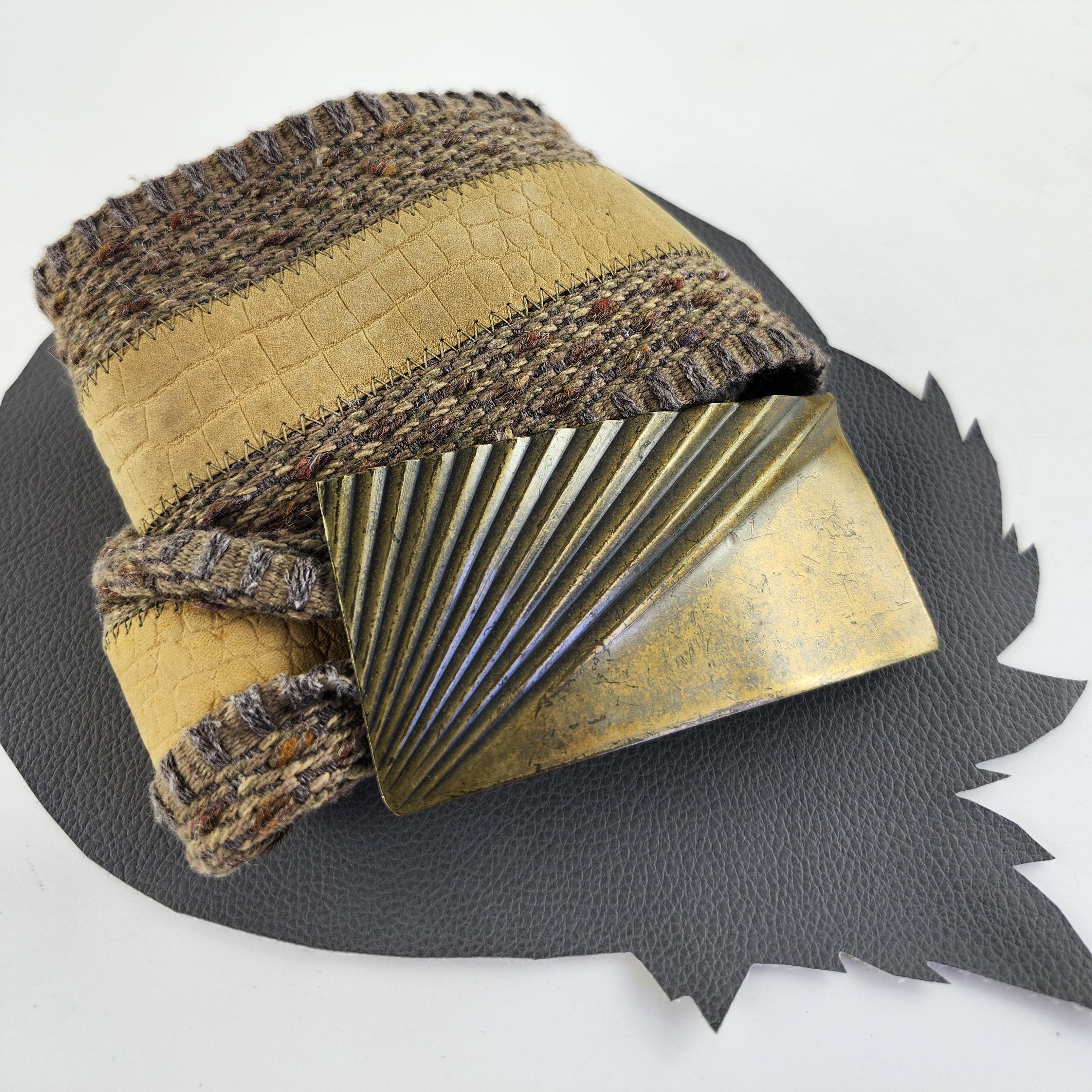 Vintage Leather & Woven Fabric Mixed Media Wide Belt Large Buckle Tan Beige Wide Brown Woven Fabric Belt With Tan Leather Strip in the  main image 4