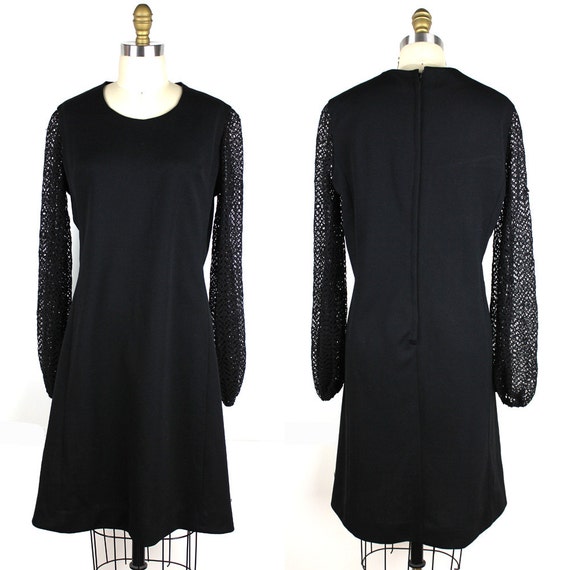 Black A Line Vintage Dress with Lace Bishop Sleev… - image 1