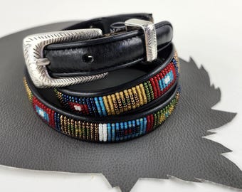 Seed Bead Black Leather Southwestern Narrow Belt Size 30 32 / Red Gold Blue Green White Brown Rectangle Pattern / Vintage Brighton