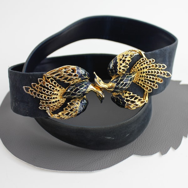 Pheonix Rising Vintage Navy Suede Belt with Gold Metal Pheonix Bird Buckle / Vintage France Ray Belt / Vintage Paris Adjustable Belt