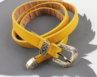 Vintage Mustard Yellow Thin Leather Belt  with Gold Buckle and Belt End Tip US size 26/27