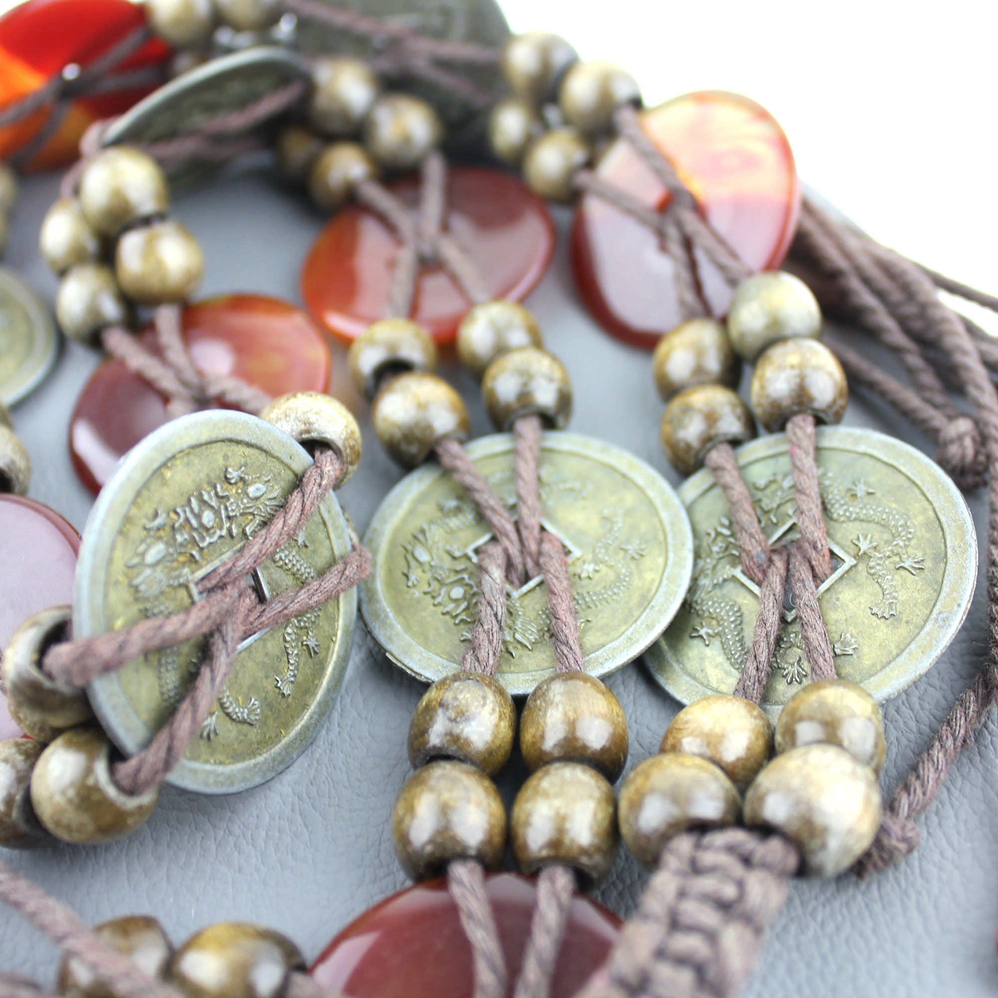 Coin & Bead Rope Belt / Beaded Cord Belt / Brown Brass 