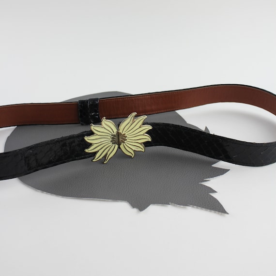 Vintage Black Snakeskin Belt With Yellow and Gold Flower 