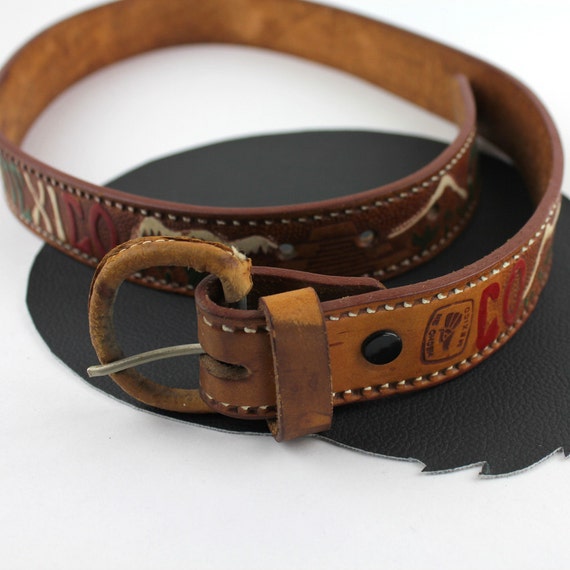 Mexico Brown Leather Tooled & Painted Belt Size 30 Mountains  display picture 3