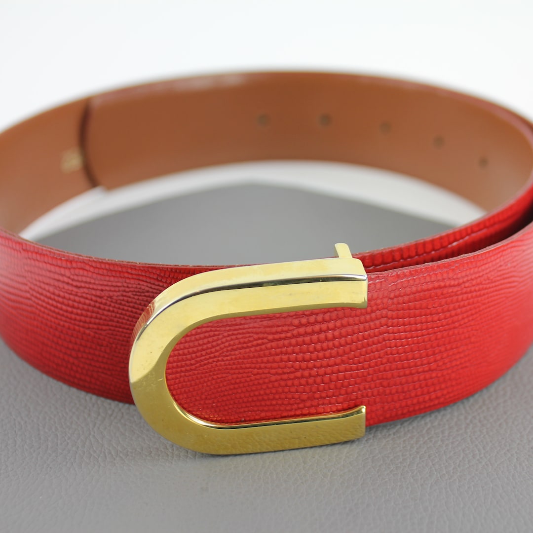 Vintage Red Lizard Grain Leather Belt With Gold Buckle Size  display picture 1
