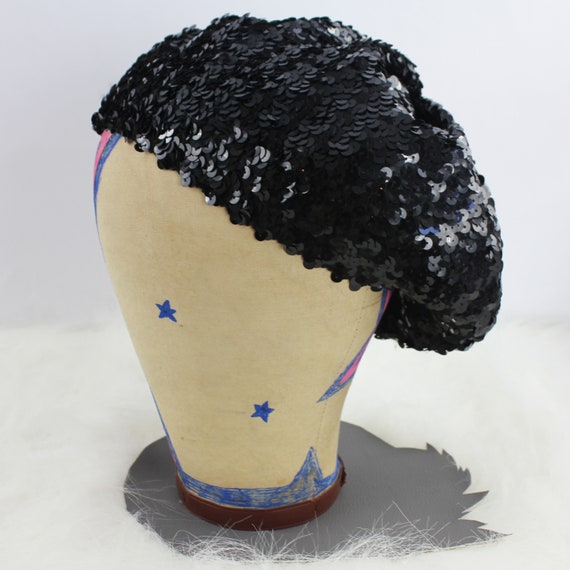 Black Sequin Vintage Beret Hat / Stretch Material - image 7