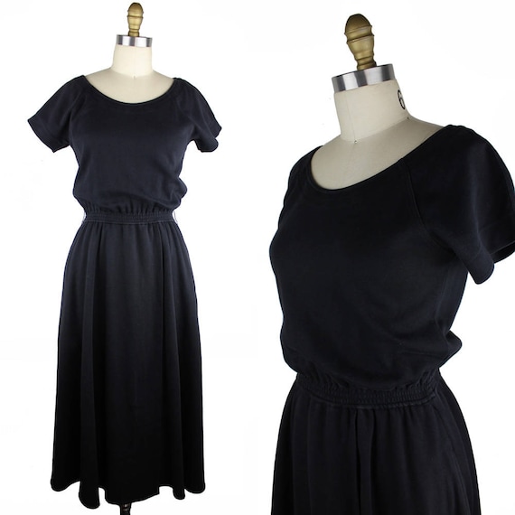Bill Blass, Vintage Bill Blass Black Knit Short Sleeve Scoop Neck Elastic Waist Dress