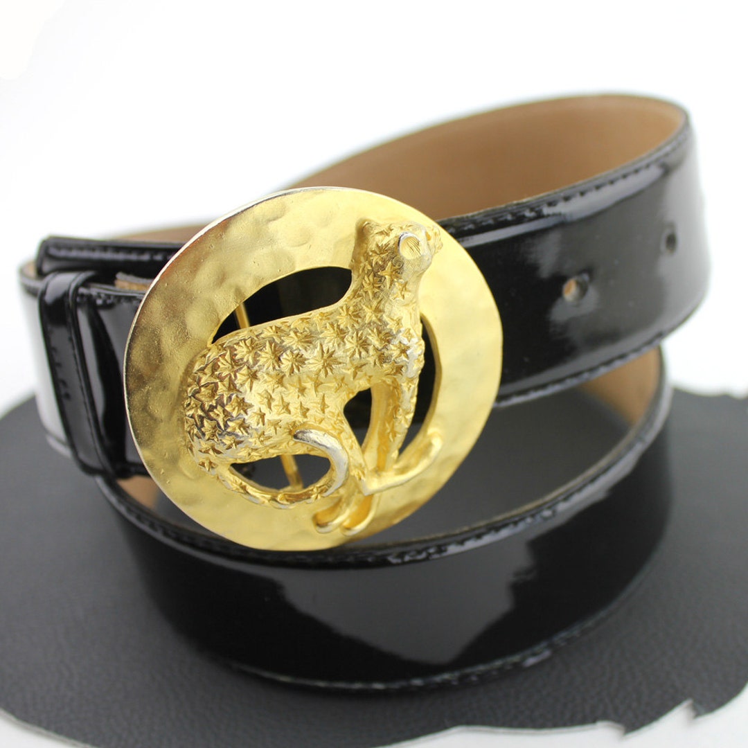Gail Labelle Vintage Black Patent Leather Belt Gold Cheetah Buckle Medium USA Leopard Black Belts for Women for sale | eBay main image 3