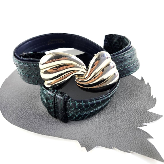 Carlisle Belt Size Medium Dark Green Vintage 90s Carlisle Dark Green Leather Statement Belt | Rhinestone  main image 3
