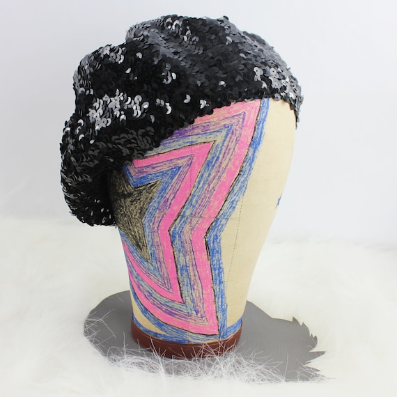 Black Sequin Vintage Beret Hat / Stretch Material - image 1