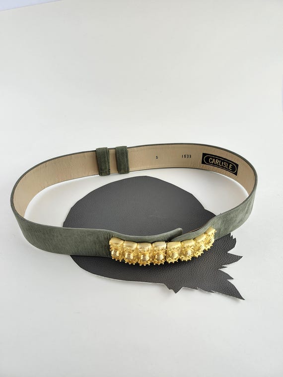 Carlisle Green Suede Belt w/ Gold & Rhinestone Buckle – Size Medium Vintage Gray Green Suede Gold Buckle Carlisle Belt  main image 3