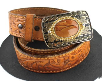 Carmel Brown Stone Buckle and Flower Tooled Leather Belt Unisex - size 34