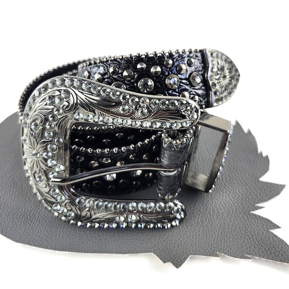 Vintage Black Leather w/gunmetal gray buckle belt Vintage Gunmetal Gray Leather Western Belt, Southwestern  main image 3