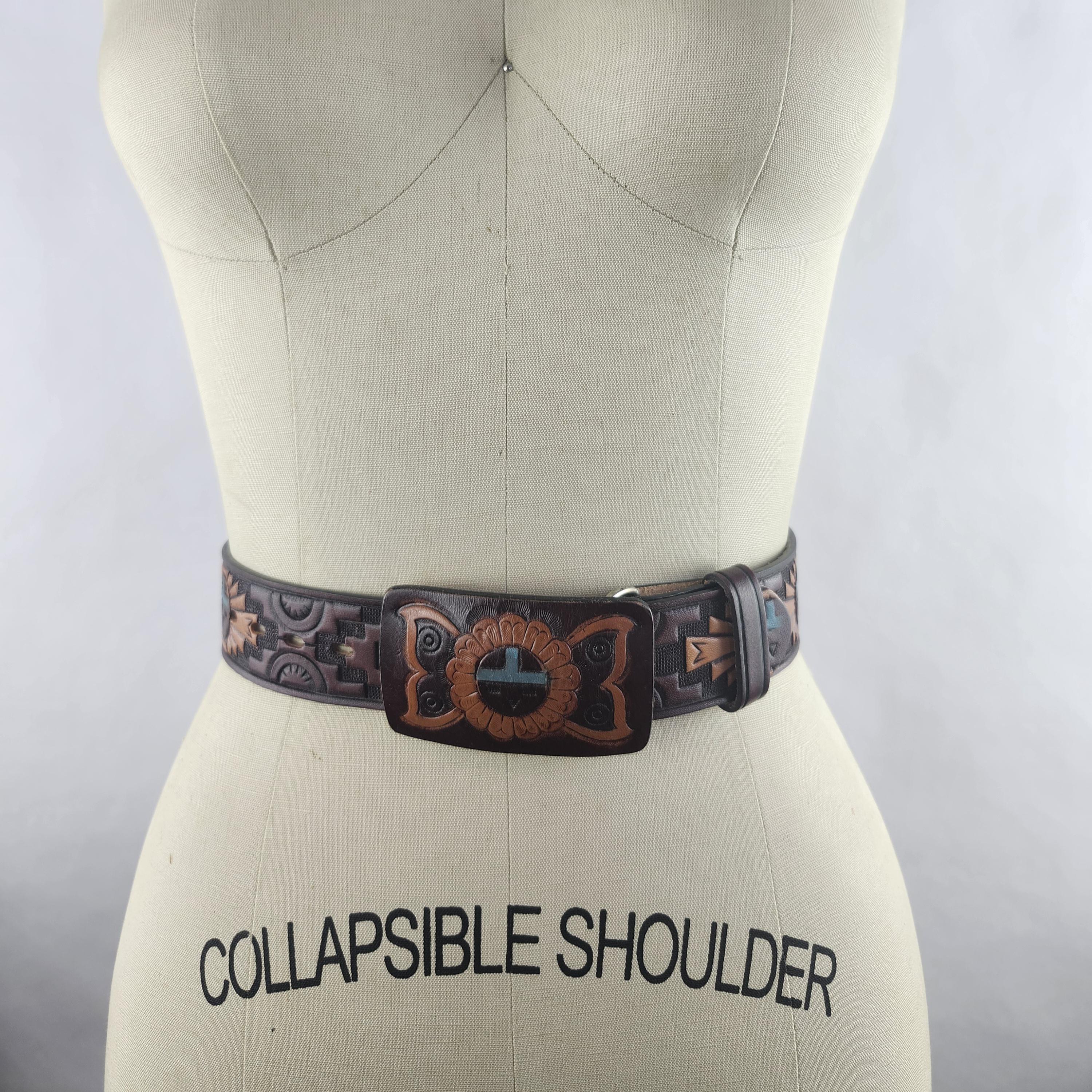 Vintage Chambers Leather Belt Mens XX Tooled Aztec Western Colored Southwestern Leather Belt Aztec Pattern / Men main image 4