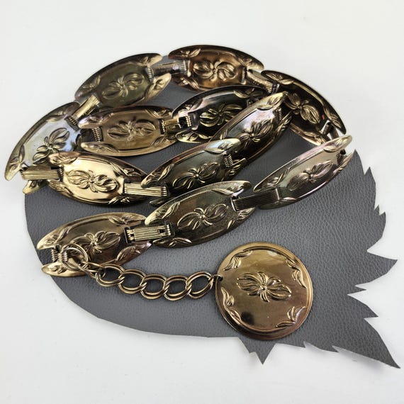 Vintage Floral Bronze metal Belt size small Vintage Victorian Revival Bronze Mesh Belt w Bejeweld Bronze  main image 2