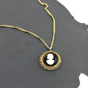 Black & White Cameo with Rhinestones on Gold Chain Necklace